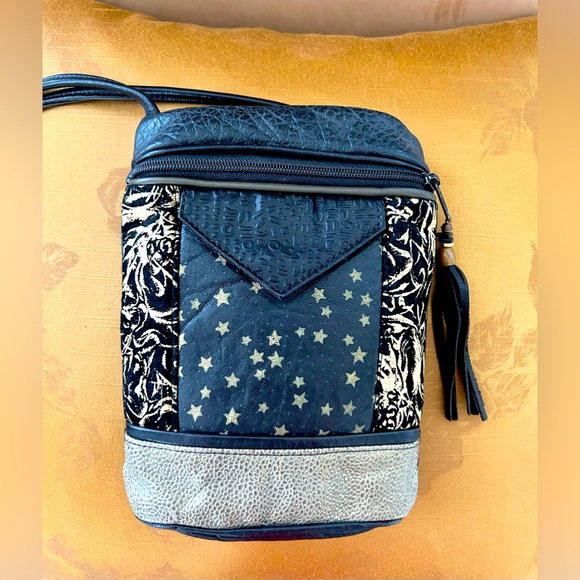 Leather and Suede Mixed Media Black and Gold Handbag Crossbody - Picture 5 of 10